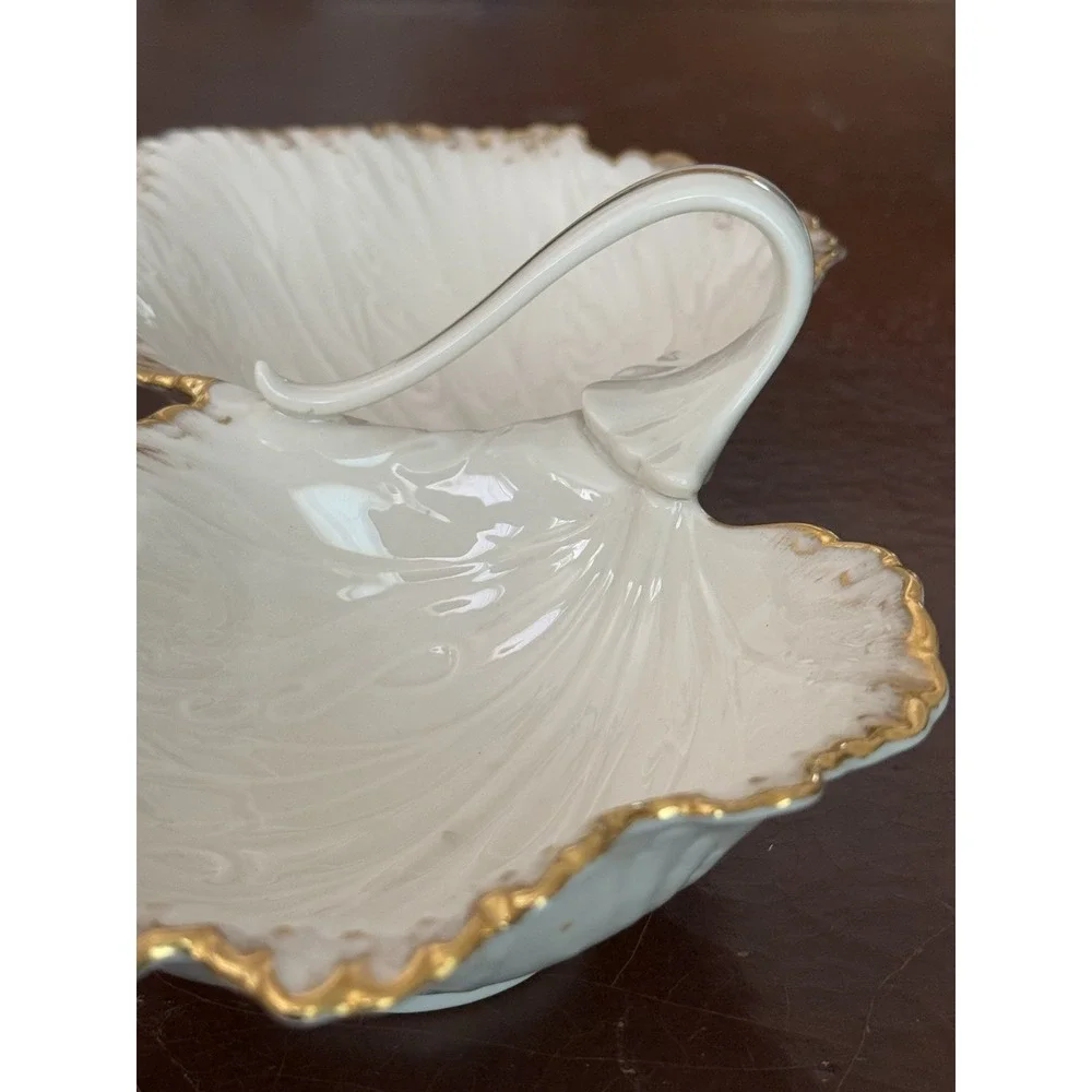 LENOX Double Leaf Ivory Gold Trim Ceramic Serving/Nut/Candy Dish Fall - USA Made